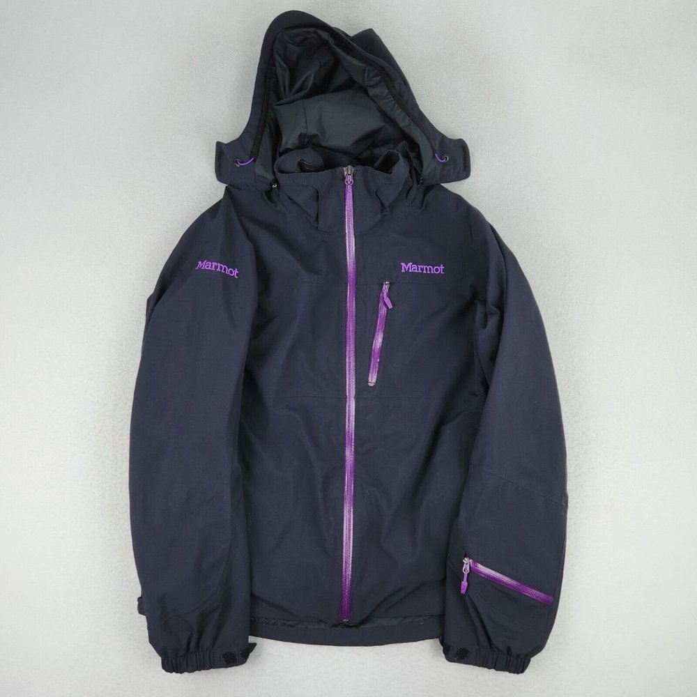 Marmot Jacket Women Medium Black Purple Membrain Rain Hooded Lightweight Outdoor